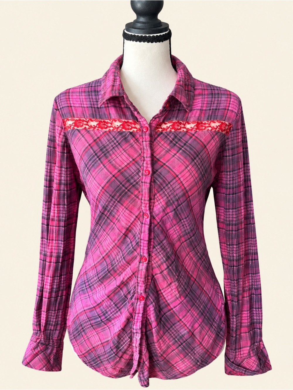 Y2K Vintage Lace and Plaid Buffal Button Down L